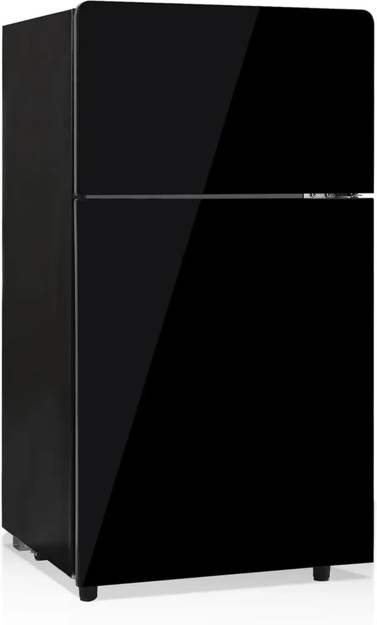 Réfrigérateur combiné intégré, portes en verre, froid silencieux, éclairage LED, étagères ajustables, 7 niveaux, noir