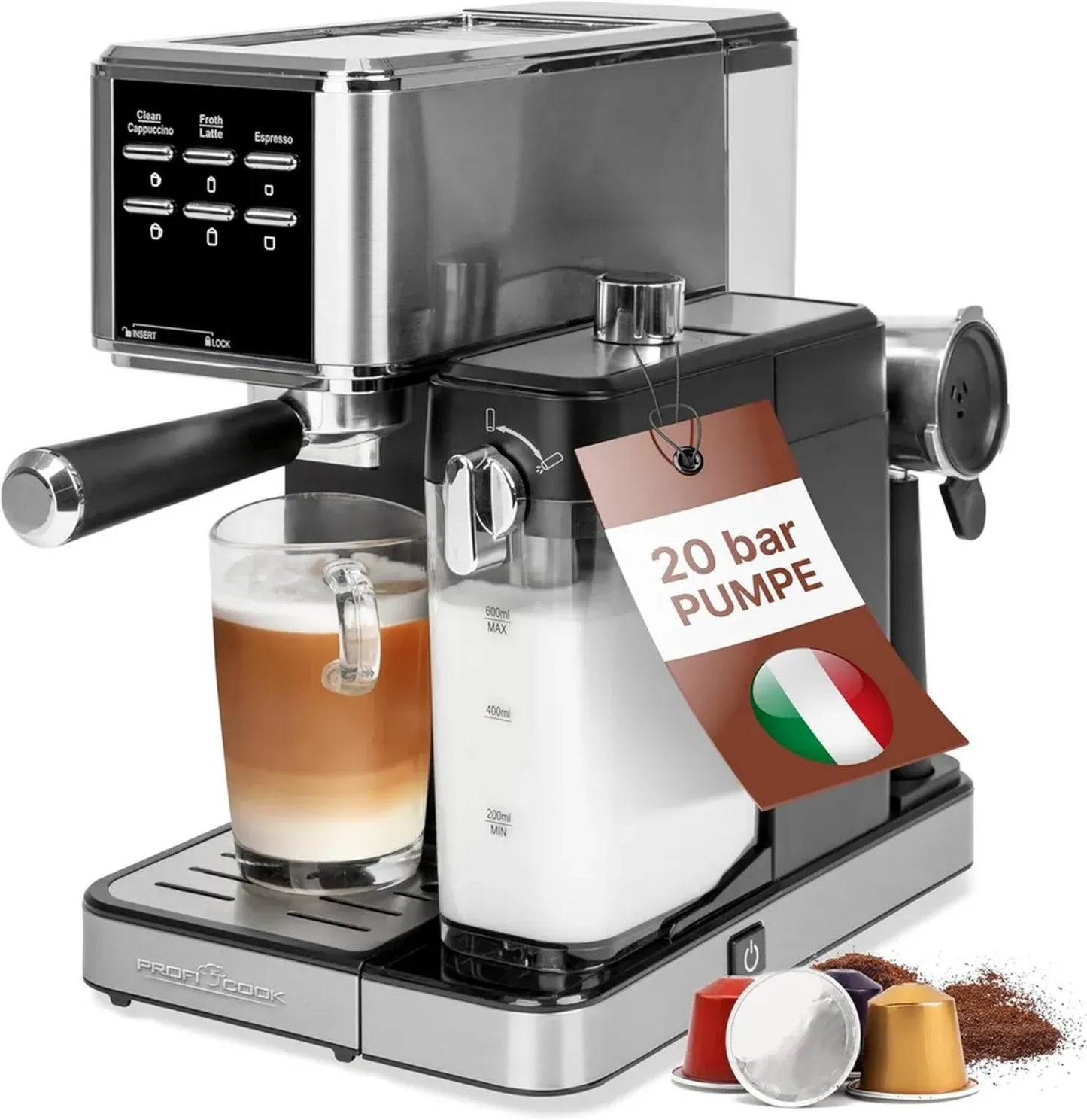 Machine à Espresso ProfiCook 2-en-1 pour Café Moulu et Capsules Nespresso, 20 Bars avec Mousseur à Lait