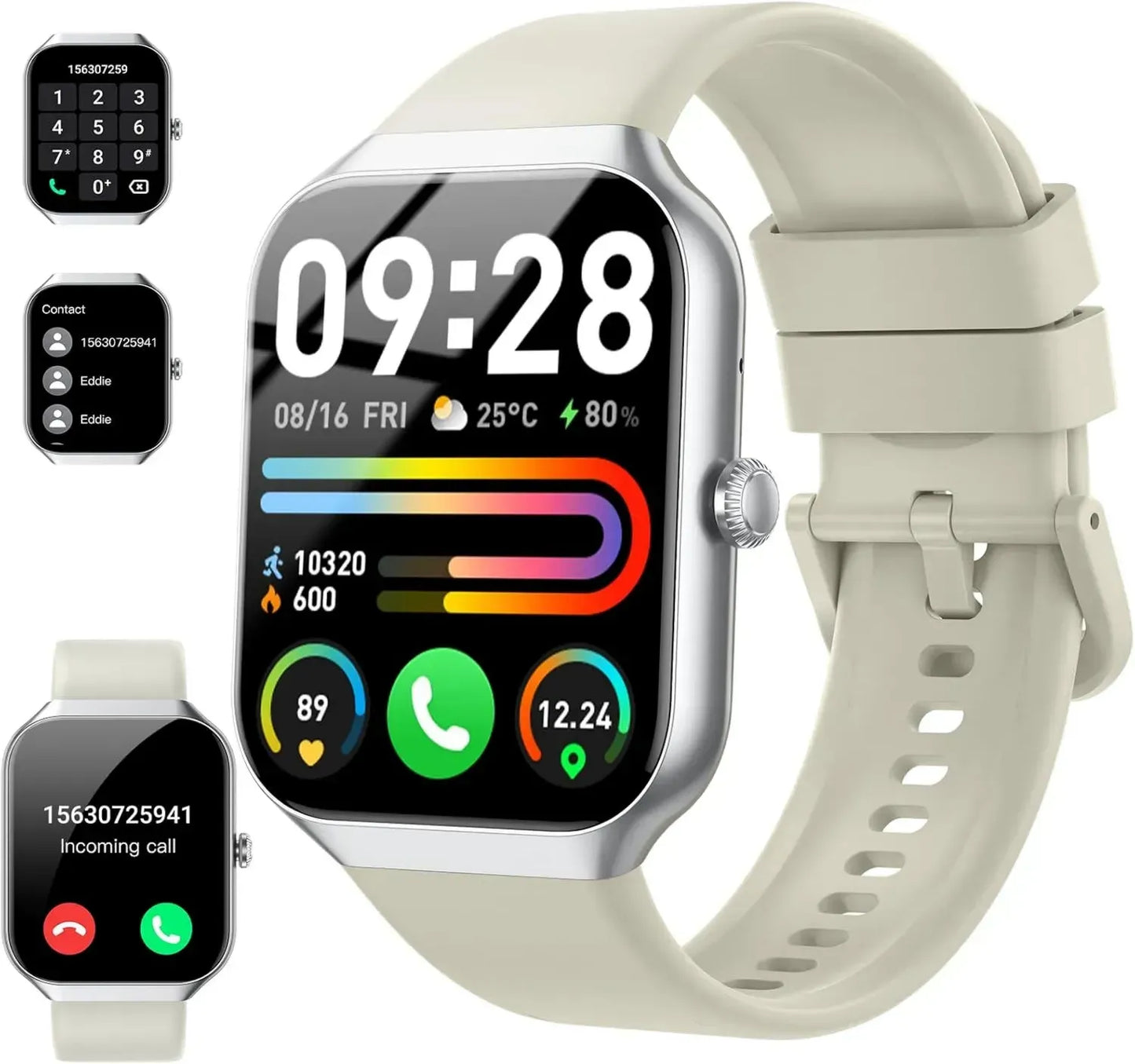 Smartwatch IP68 Étanche avec Appels Bluetooth, Écran HD 1.96', Suivi Santé et Sport, Blanc