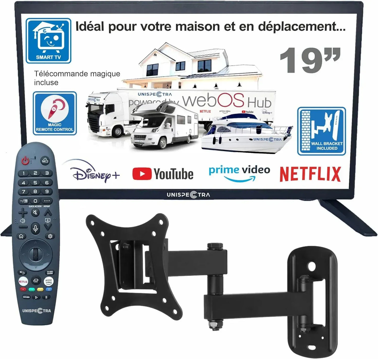 Téléviseur Intelligent 19 ELED Unispectra avec webOS et Télécommande Magique, Compatible HDR, TNT et Satellite - 12V/230V/24V pour Camping-Cars et Bateaux