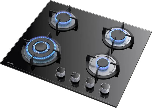 Table de Cuisson au Gaz Hermitlux 4 Feux, 60 cm, Compatible Gaz Naturel et Propane, Sécurité Thermocouple, Verre Noir