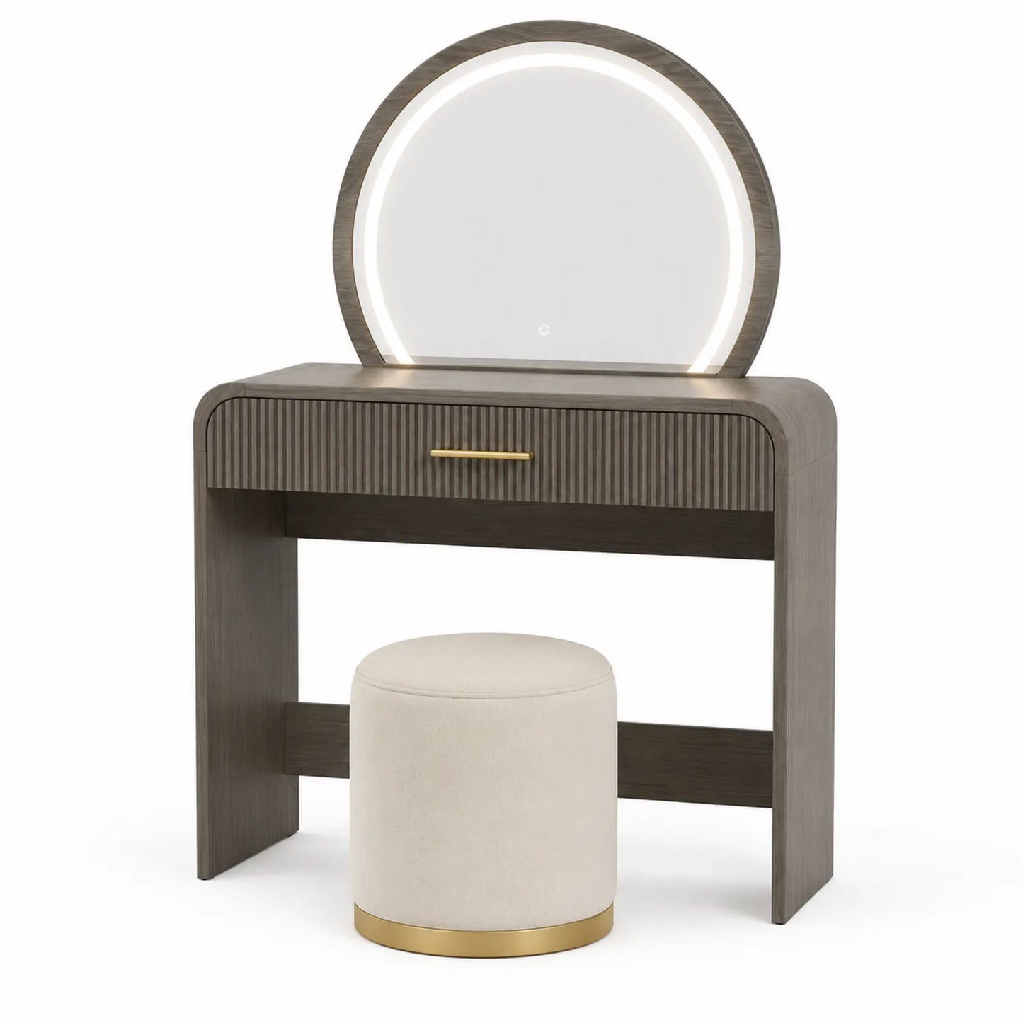 Coiffeuse en bois avec miroir rond éclairé et tabouret en tissu beige