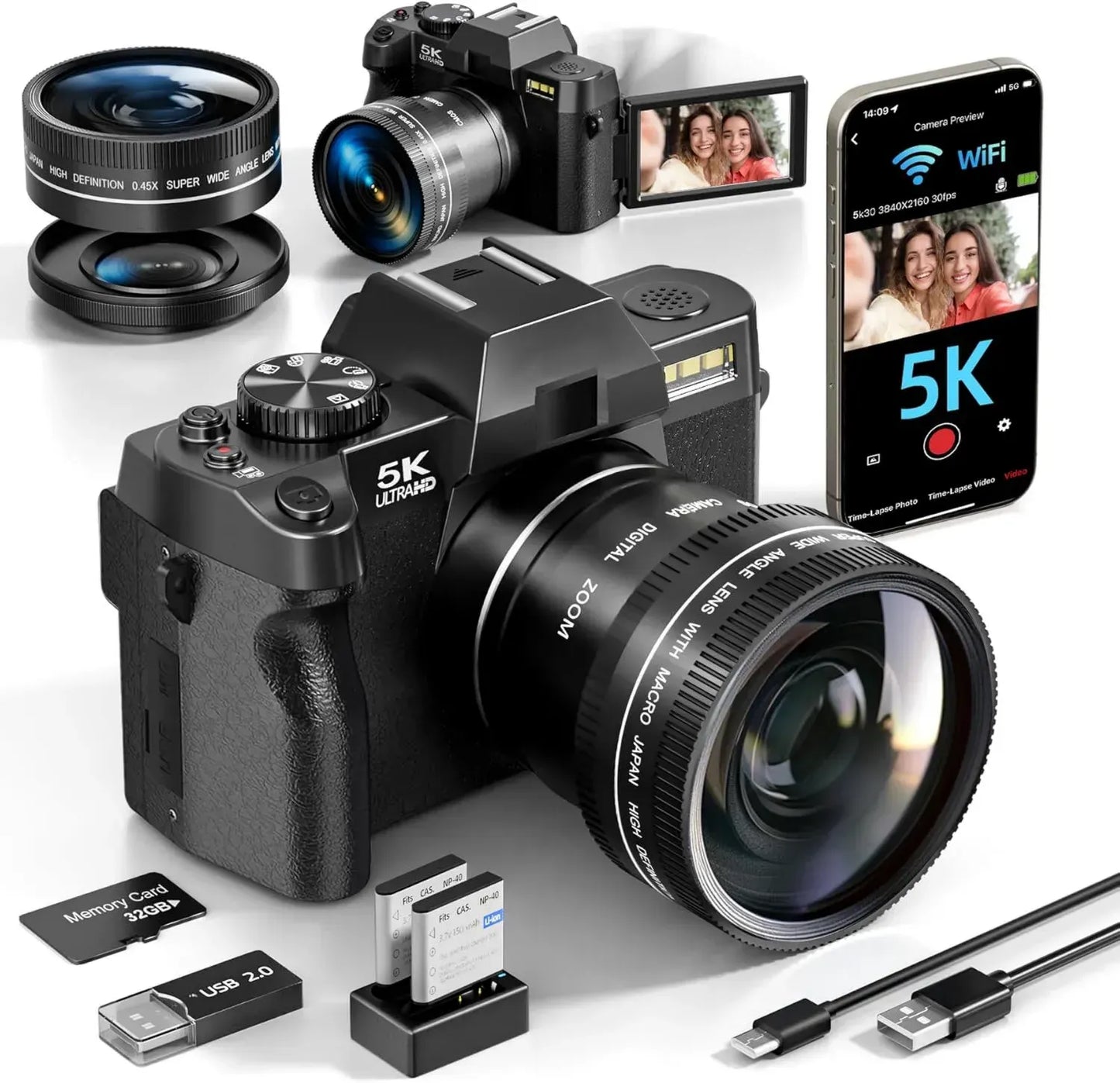 Appareil Photo Numérique 5K 64MP pour Photographie et Vidéo, Vlogging YouTube, Compact avec WiFi, Objectif Grand Angle et Macro
