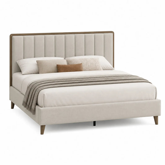 Lit double en velours beige avec tête de lit rembourrée et pieds en bois 160x200 cm