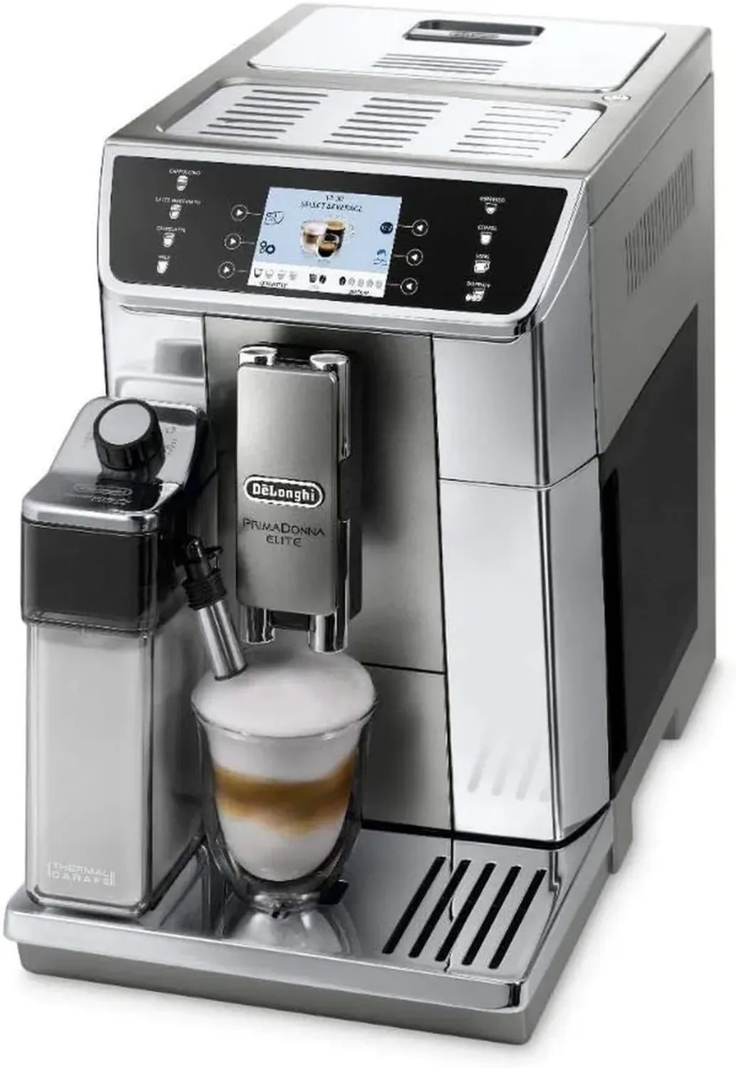 Machine à café automatique De'Longhi Prima Donna Elite ECAM 656.55.MS - Écran TFT 3,5', Système lait intégré, Contrôle via app, Acier inox, Fonction double tasse - Argent