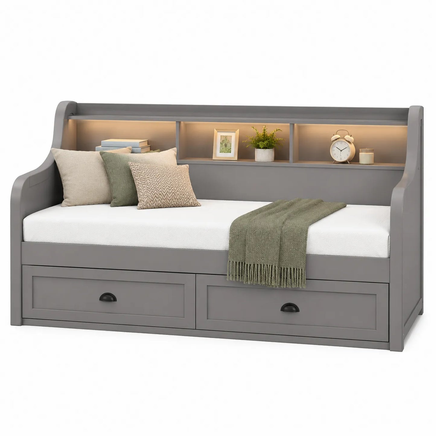 Lit banquette en bois avec étagères et tiroirs gris