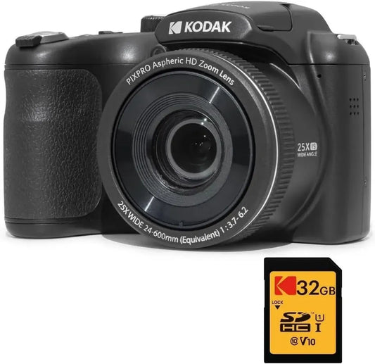 Appareil Photo Kodak AZ255 Bridge 16 MP, Zoom Optique 25x avec Carte SD 32 Go, Vidéo Full HD, Grand Angle 24 mm, Écran 3'' - Noir