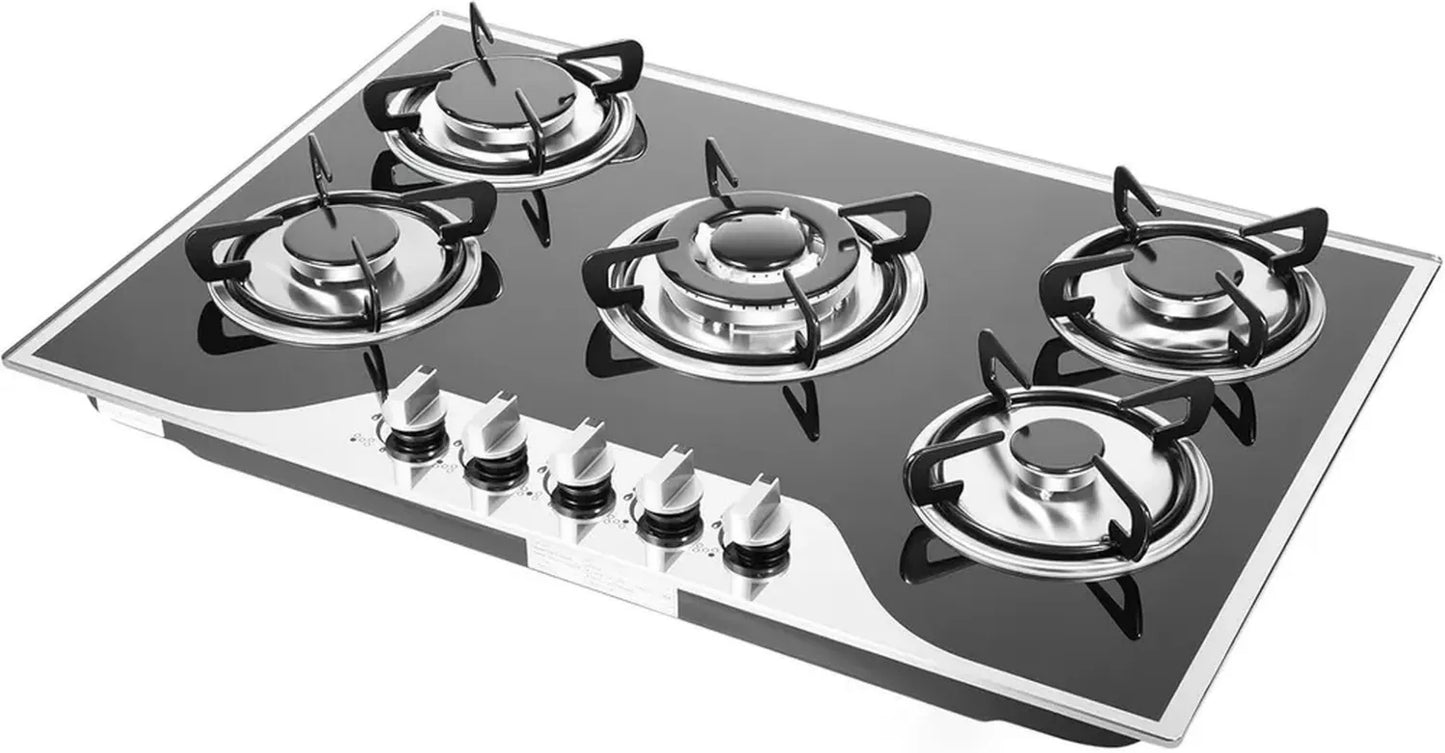 Table de cuisson gaz 7500 W 5 brûleurs en verre avec brûleur wok, encastrable et écoénergétique