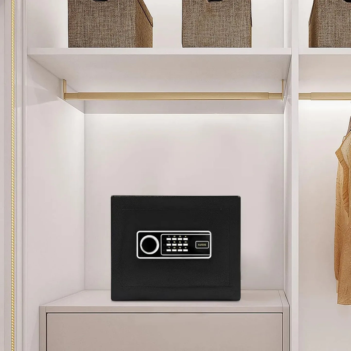 Coffre-Fort Noir avec Éclairage LED 38x32x30 cm, Sécurisé en Acier 2 mm pour Bijoux et Liquides, Alarme Intégrée, Accès par Mot de Passe/Clé