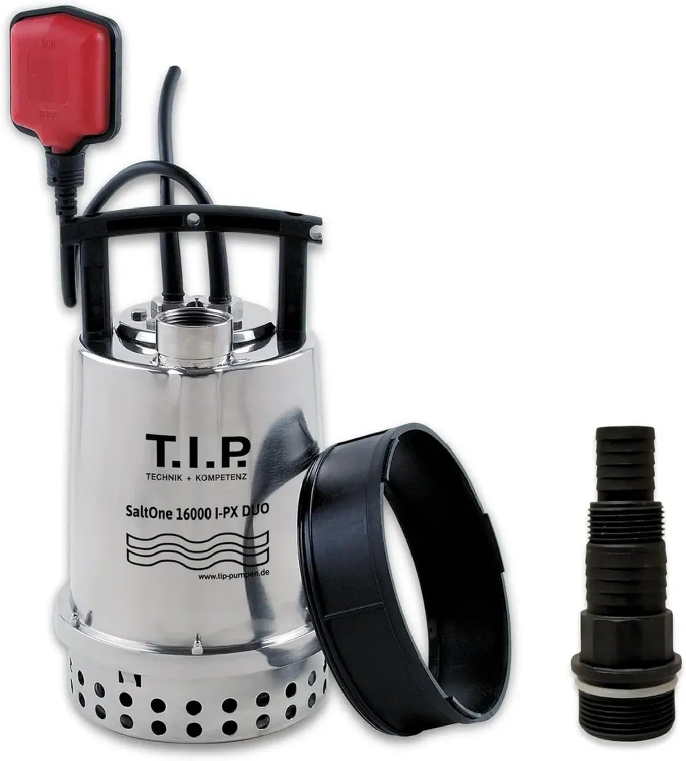Pompe Submersible Eau Salée T.I.P. SaltOne 1600 I-PX DUO, Débit 16000 l/h, Résistante à 50 °C, Refoulement 10 m, Acier Inoxydable, Noir/Rouge/Argent