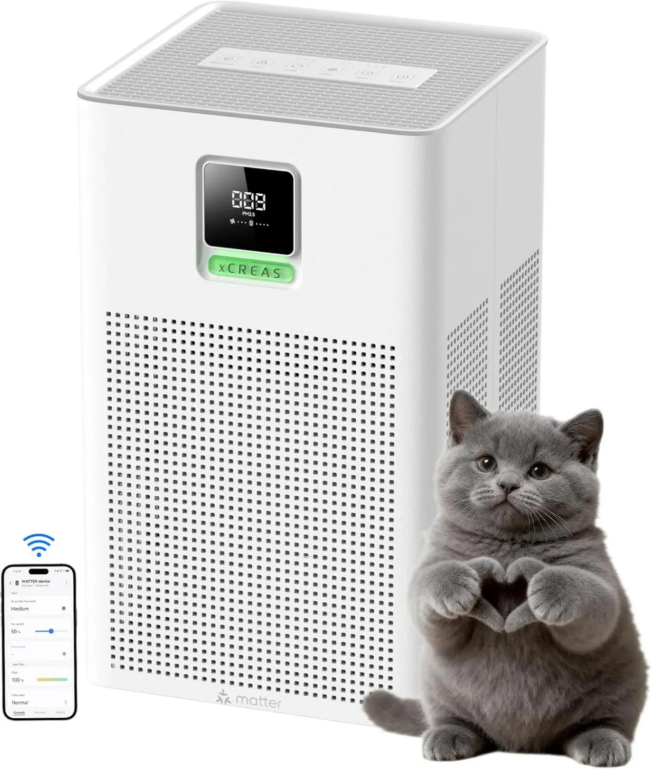 Purificateur d'air connecté HEPA H13, compatible Matter et écosystèmes intelligents, avec aromathérapie et mode éco