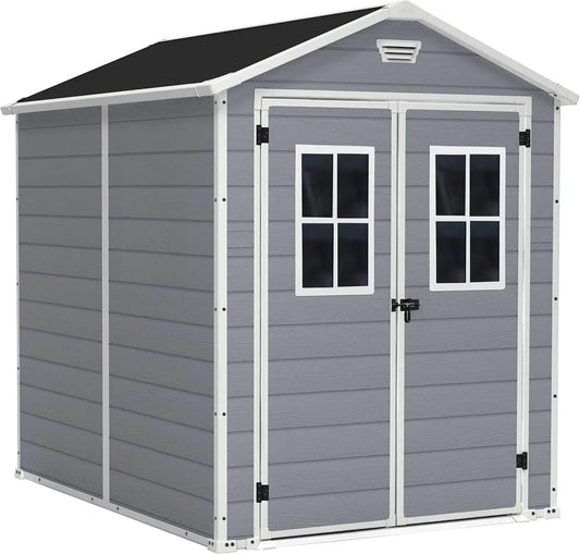 Abri de Jardin Premium Double Porte avec Fenêtres en Résine Grise 186x237x227 cm - Keter/Chalet et Jardin