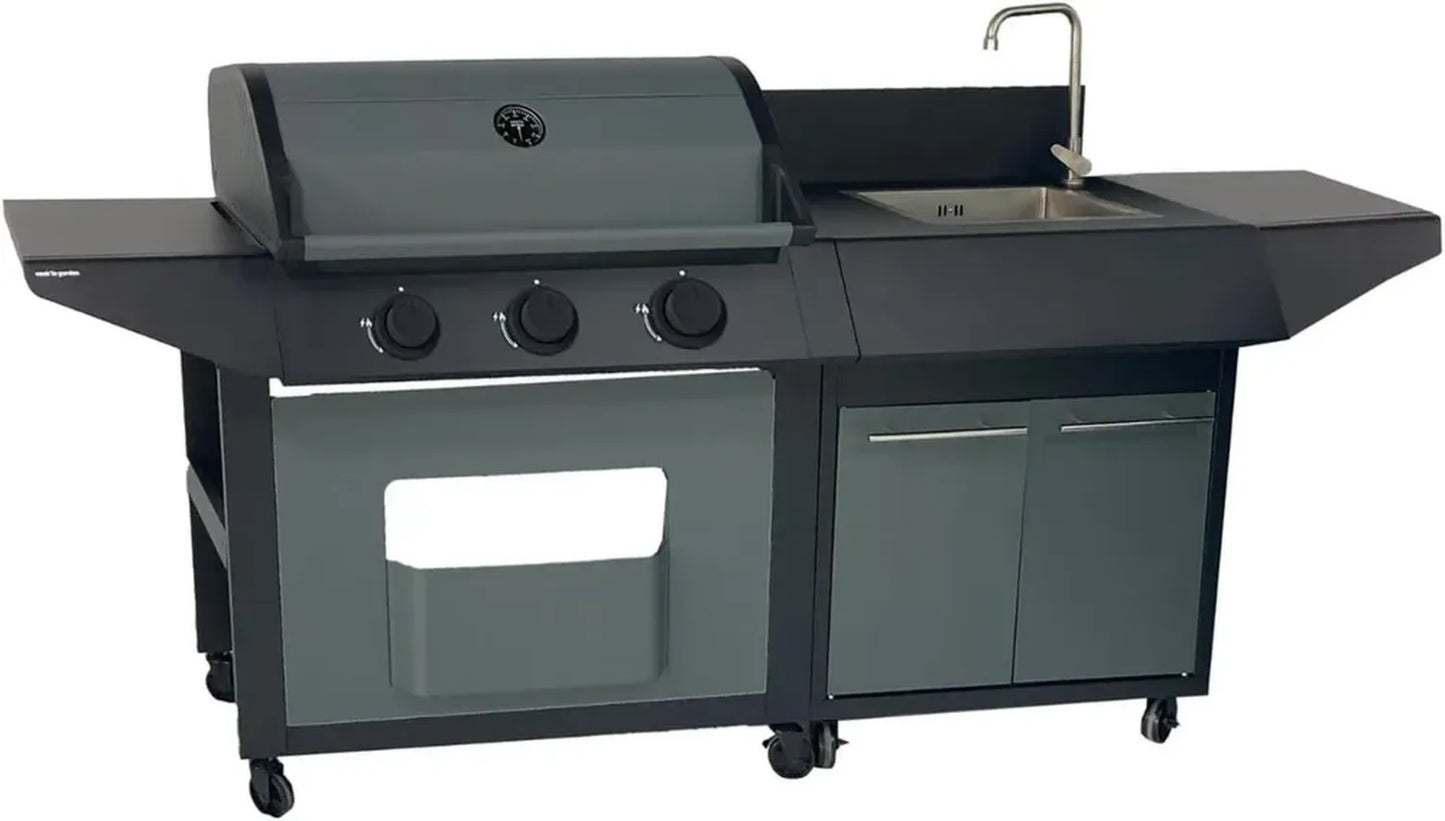 Barbecue à Gaz avec Évier Intégré - 3 Brûleurs Inox, Robinet Eau - Utilisation Butane/Propane
