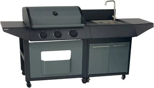 Barbecue à Gaz avec Évier Intégré - 3 Brûleurs Inox, Robinet Eau - Utilisation Butane/Propane