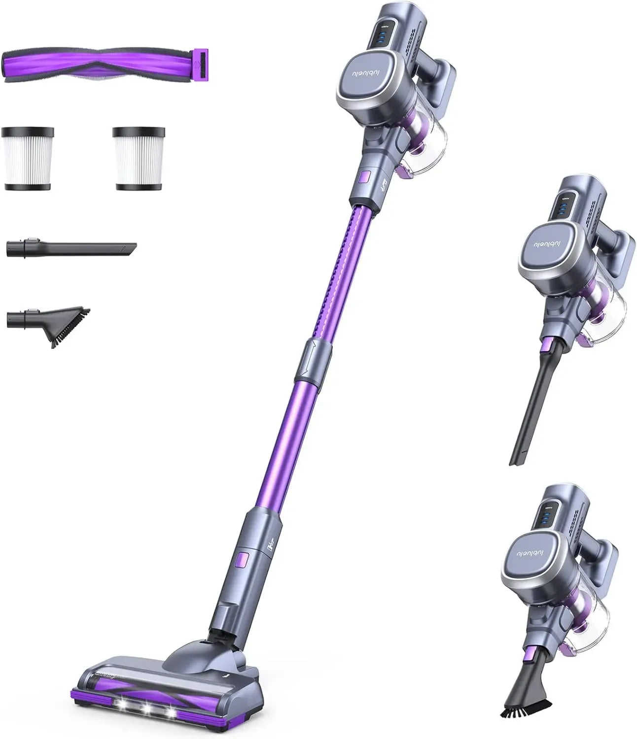 Aspirateur Balai sans Fil Lubluelu 202 Puissant 27KPa, Léger et Autonome 50 min, Idéal pour Sols Durs, Tapis et Poils d'Animaux - Violet