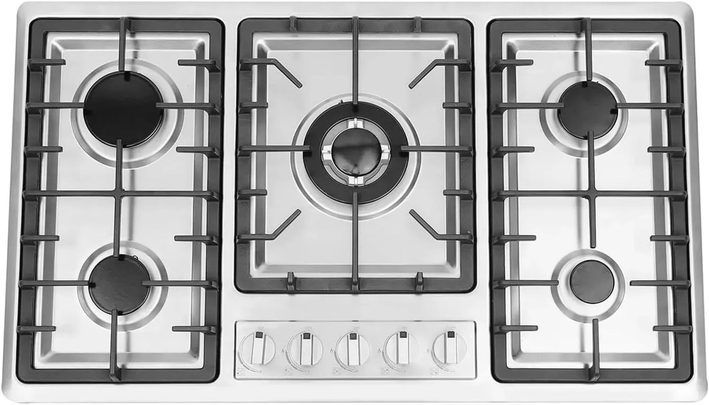 Table de cuisson à gaz encastrable 5 foyers en inox avec sécurité flammes et allumage électronique