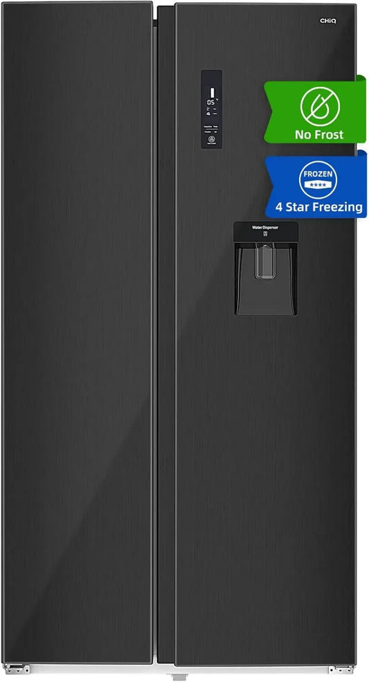 Réfrigérateur Américain CHIQ 559L, Compresseur Inverseur, No Frost, Noir Inox, Classe E, Silencieux 39 dB, Distributeur d'Eau 5L