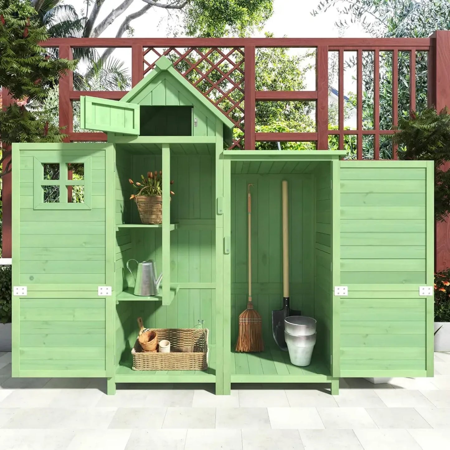 Abri de Jardin en Bois Vert avec Toit Incliné en PVC, Rangement Extérieur avec Fondation et Étagères, Cabane pour Outils de Jardin, 118x54x173cm