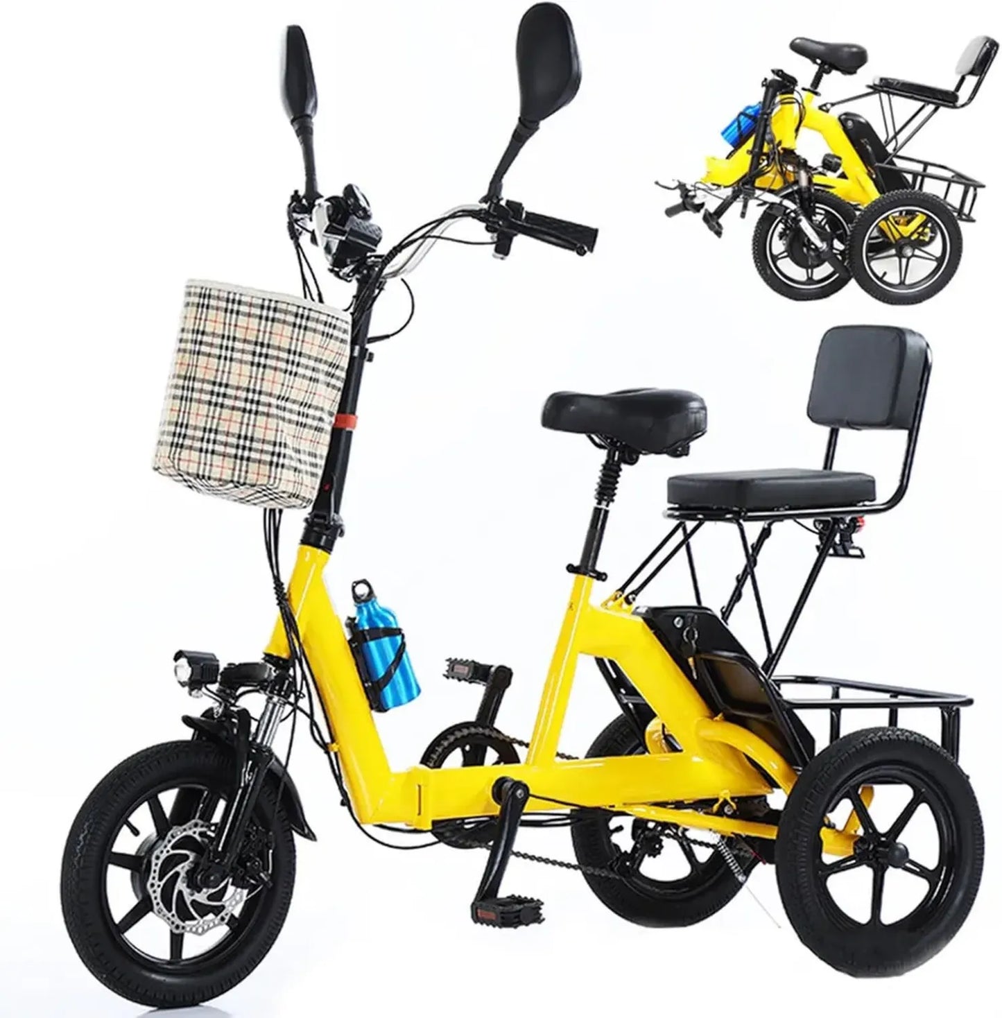Tricycle électrique adulte pliable 14 pouces, trois roues avec siège passager et panier, batterie lithium 48V 10Ah, charge max 180kg