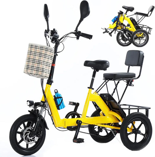 Tricycle électrique adulte pliable 14 pouces, trois roues avec siège passager et panier, batterie lithium 48V 10Ah, charge max 180kg