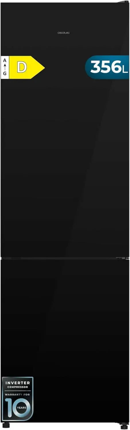 Réfrigérateur Combi 356L Cecotec Bolero CoolMarket, Design en Verre Noir, 200cm de Hauteur, Classe Énergétique E, Multi Airflow, FreshnessFlex
