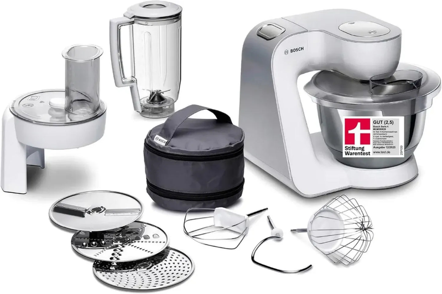 Robot Pâtissier Bosch Série 4 MUM58W20, 1000W, 7 Vitesses, Mouvement 3D, Blanc/Argent