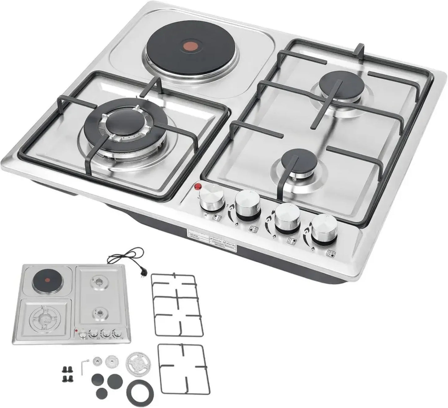 Cuisinière mixte 4 feux, 3 gaz + 1 électrique, sécurité anti-flamme, inox, encastrable