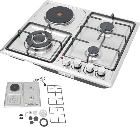 Cuisinière mixte 4 feux, 3 gaz + 1 électrique, sécurité anti-flamme, inox, encastrable