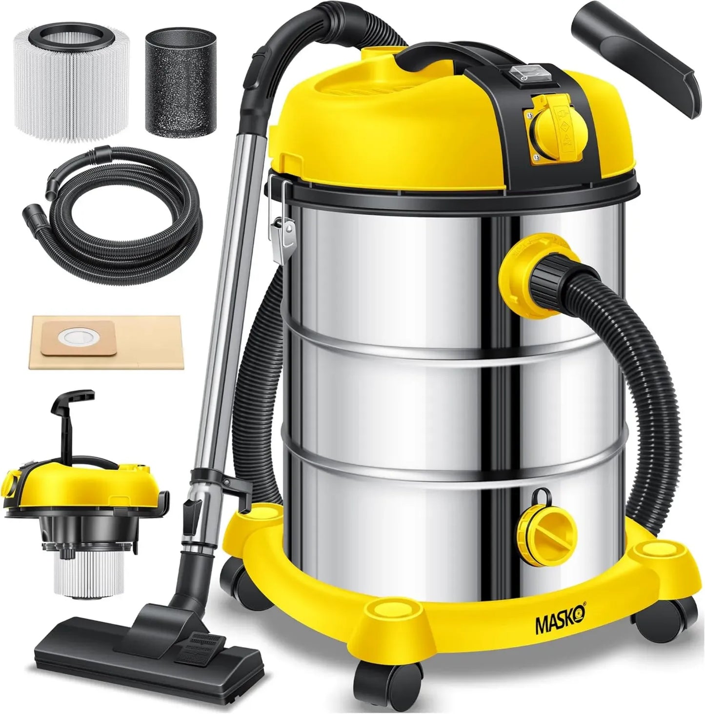Aspirateur Industriel Masko® 2300W, Acier Inoxydable, Multifonction: Eau, Poussière et Soufflage, Système Push&Clean, Jaune