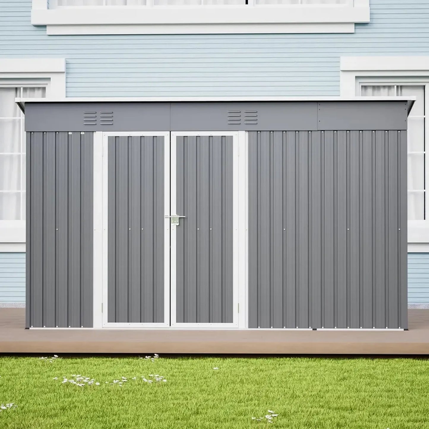 Abri de jardin en métal 311x123x181 cm avec porte verrouillable – Résistant aux intempéries, à la pluie et aux UV – Idéal pour outil de rangement extérieur (Gris, 10x4 pieds)