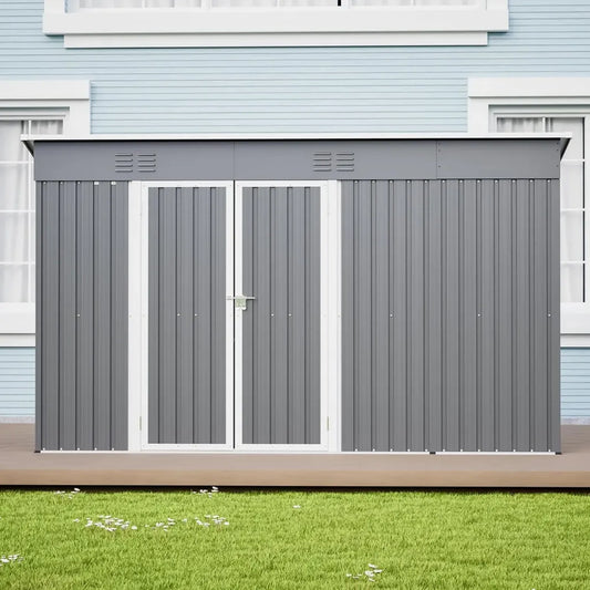 Abri de jardin en métal 311x123x181 cm avec porte verrouillable – Résistant aux intempéries, à la pluie et aux UV – Idéal pour outil de rangement extérieur (Gris, 10x4 pieds)