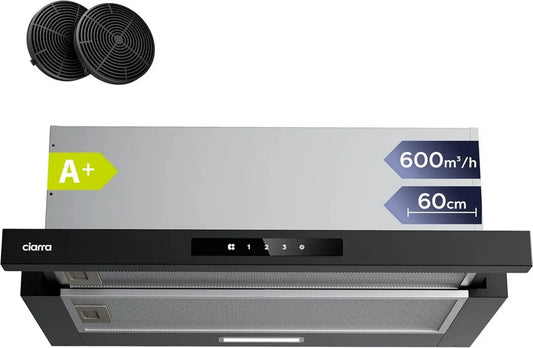 Ciarra Hotte Téléscopique 60cm 600m³/h A+ avec Commande Tactile et Filtre à Charbon, Noire