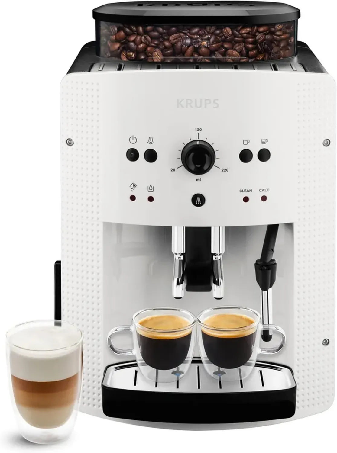 KRUPS Machine à Café Automatique avec Buse Vapeur, Expresso Double, Nettoyage Facile, Blanc EA810570