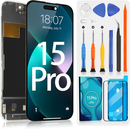 Écran OLED de Remplacement pour iPhone 15 Pro, Compatibilité A2848, A3101, A3104, A3102, 6,1 Pouces, Assemblage Complet Noir avec Kit de Réparation