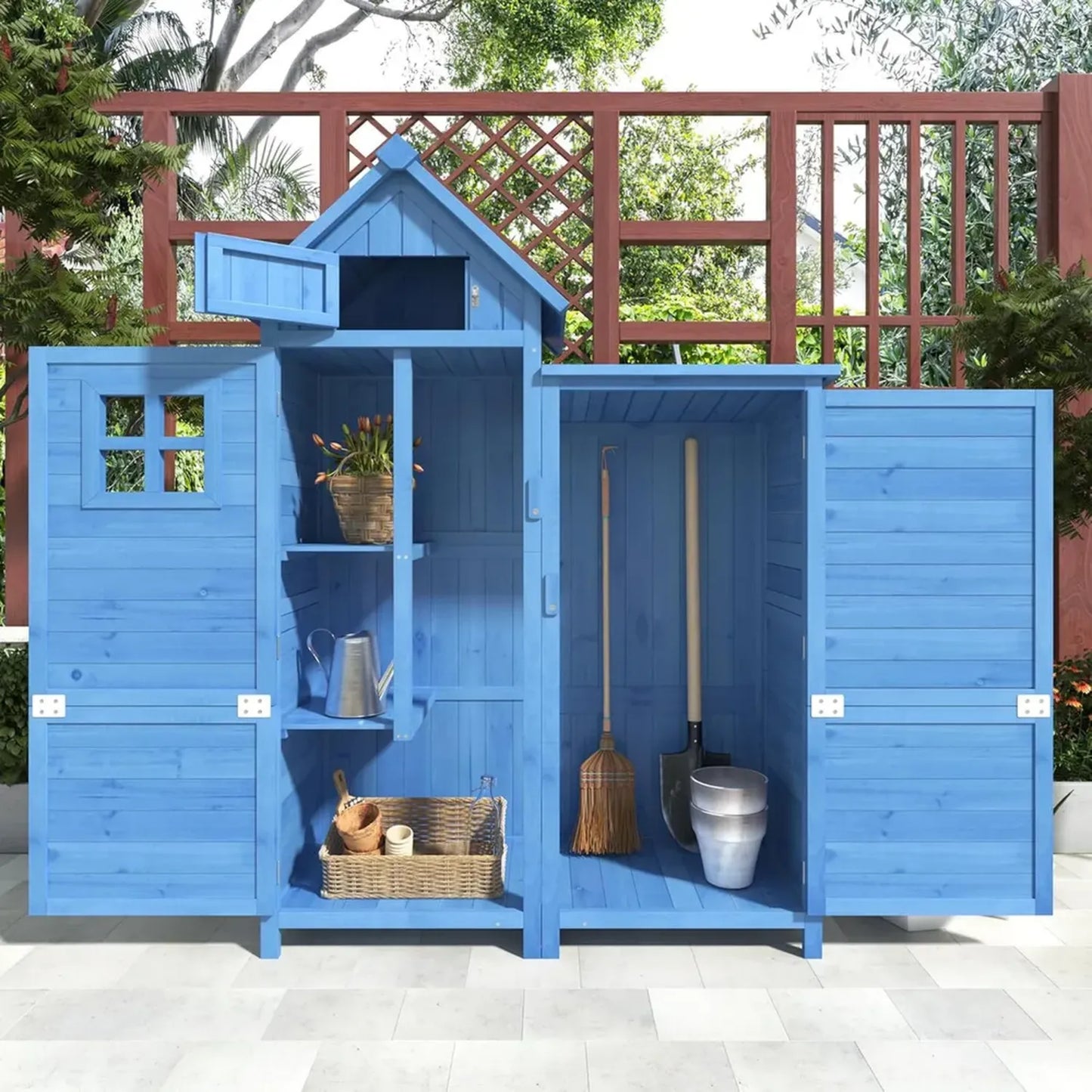 Cabane de Jardin Merax en Bois Résistant - 118 x 54 x 173 cm - Double Portes et Étagères - Armoire à Outils Droite - Toit PVC - Bleu
