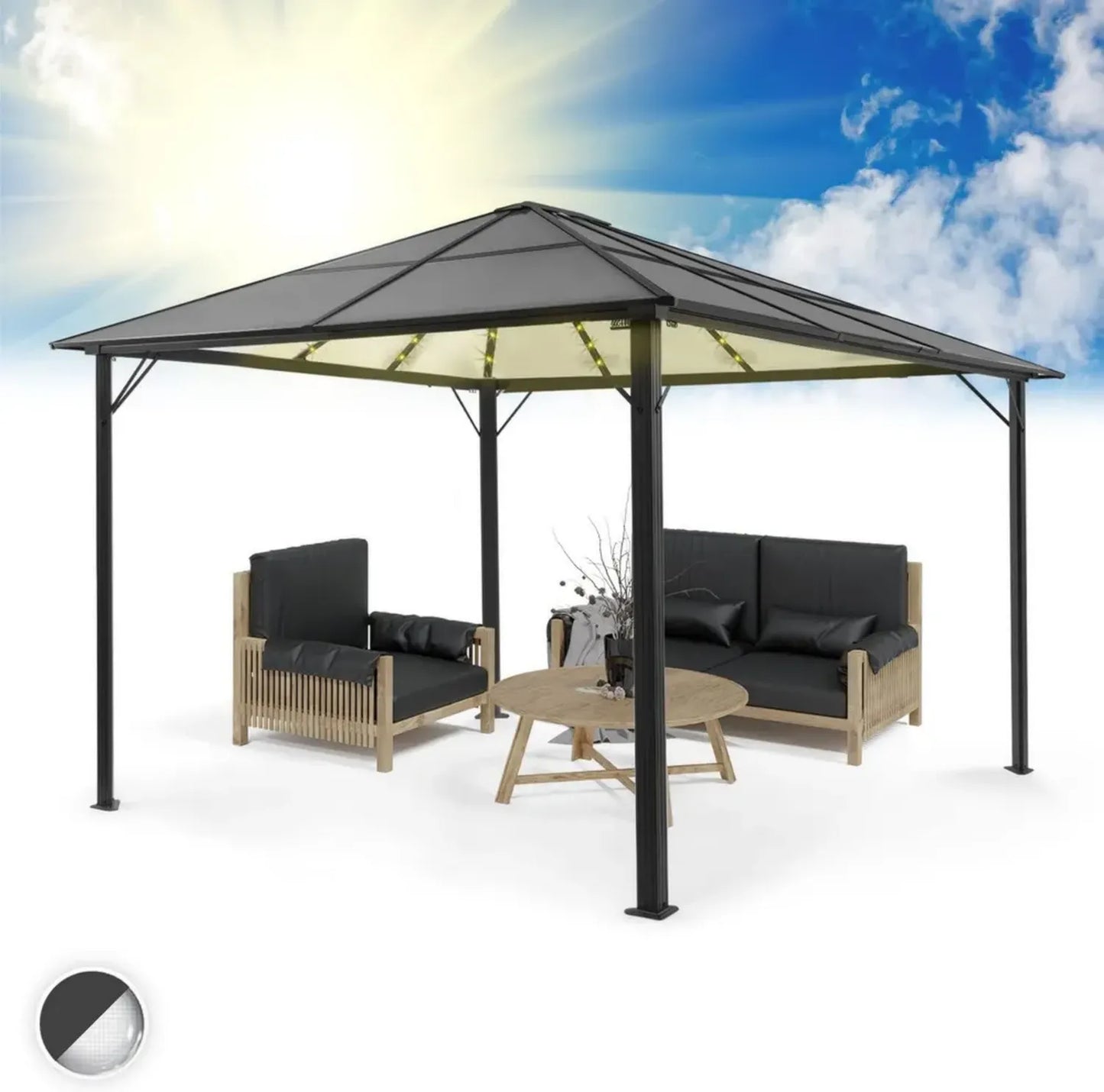 Pergola en polycarbonate Blumfeldt 3x4m, structure métal et aluminium, protection UV, toit imperméable, rideaux et LED réglables