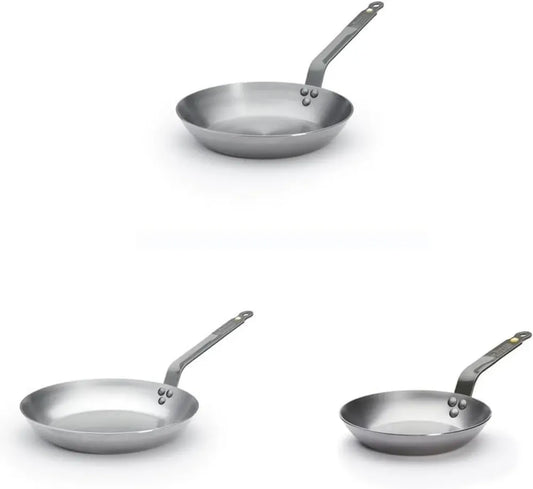 DE BUYER - Ensemble de 3 poêles en acier Mineral B - Diamètres 20, 26, 28 cm - Fabrication française, sans PFAS, chauffe rapide, compatible tous feux et four, finition inox brillante