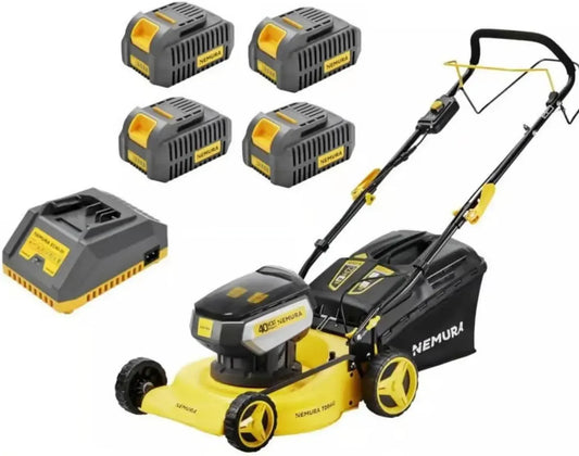 Tondeuse à Gazon sans Fil 80V Nemura - Largeur de Coupe 42 cm - Terrain jusqu'à 500 m² - Fonction Mulching - Inclus 4 Batteries 2Ah et Chargeur - Fabriquée en France