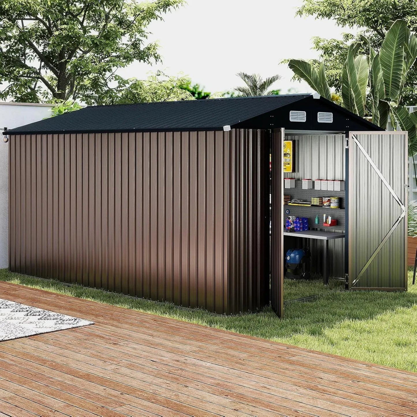 Abri de Jardin en Métal 7.8 m² avec Toit à Double Pente et Porte Verrouillable, 4 Aérations pour Rangement Extérieur, Couleur Anthracite