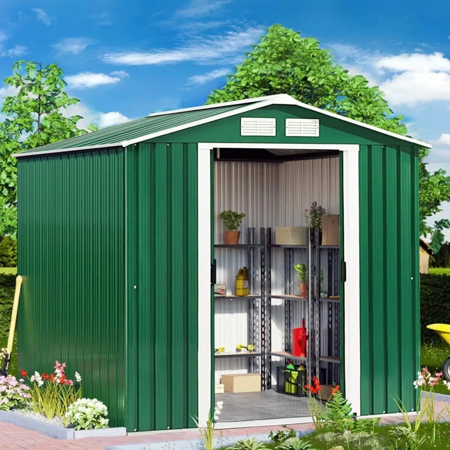 Abri de Jardin Métallique 2.7㎡ avec Structure en Acier Galvanisé, Toit Incliné et Portes Coulissantes